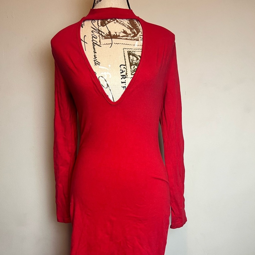Red Long Sleeve V-Neck Dress